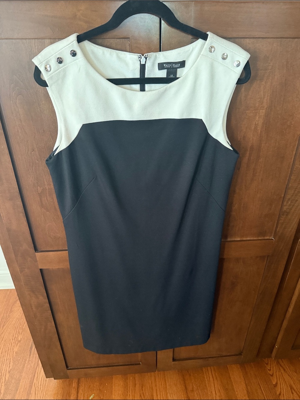 Black and Cream Cap-Sleeve Sheath Dress with Shoulder Buttons